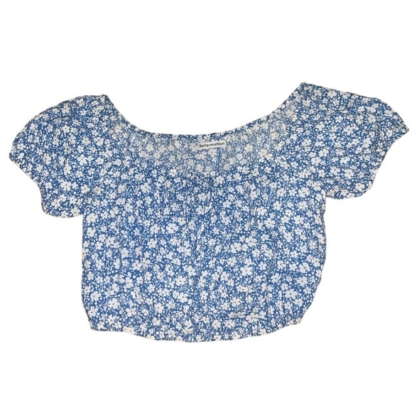 Reformation blue white floral elastic waist adjustable strap crop top size 4 - Picture 1 of 6